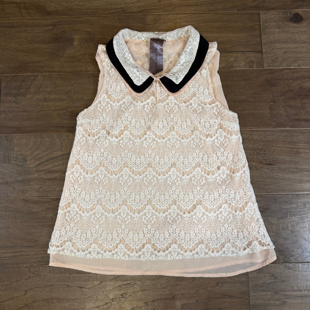 Moon Collection White Lace Sleeveless Blouse‎ Peter Pan Collar Black L